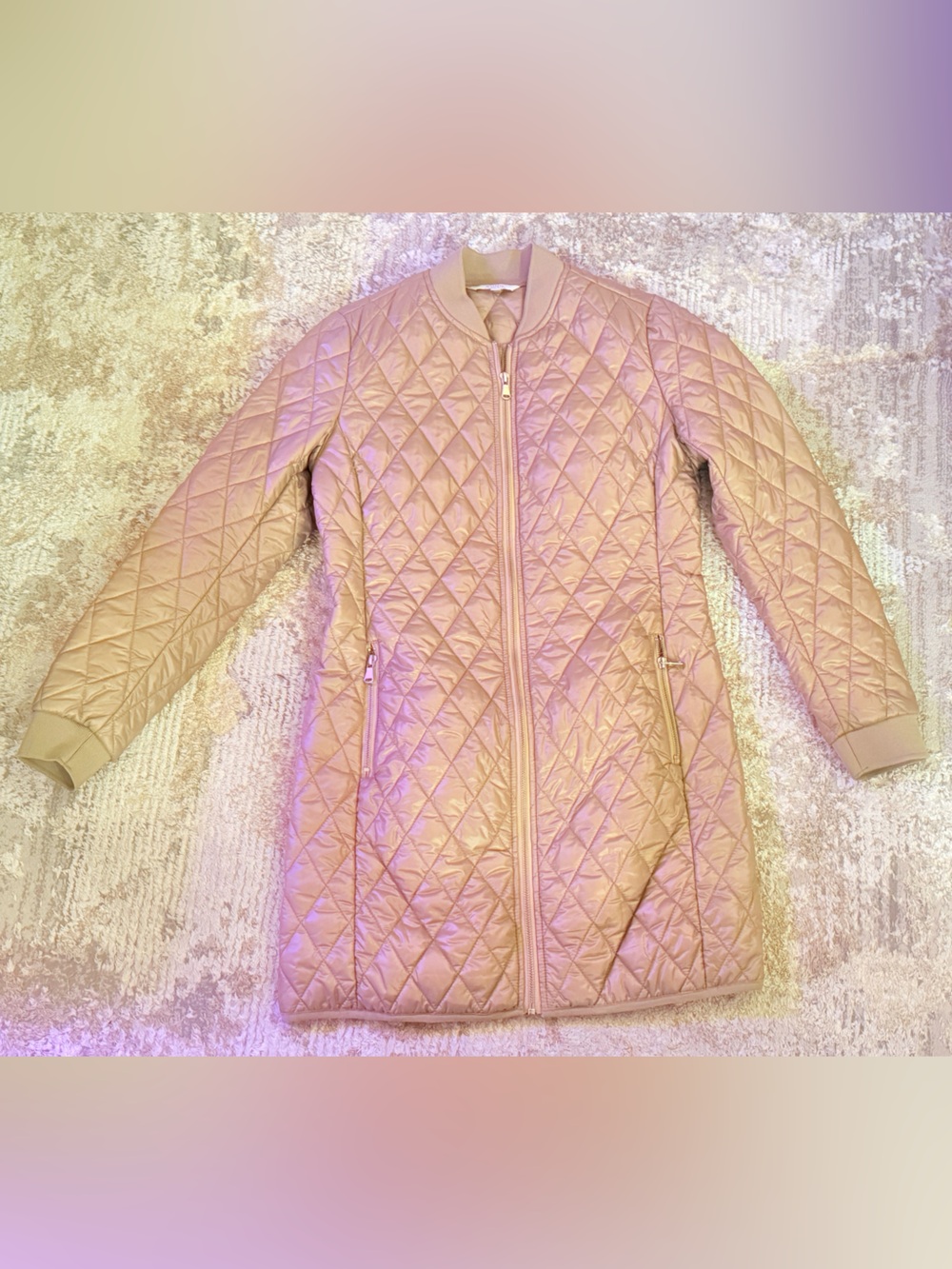 Quilted Long Bomber Jacket - light brown/nude